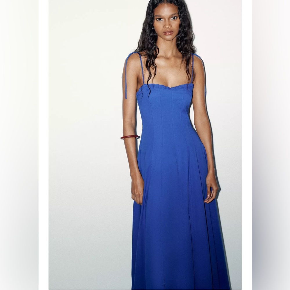 ZARA COTTON POPLIN TIE MIDI DRESS | CORNFLOWER BLUE | L NWT - Picture 4 of 16